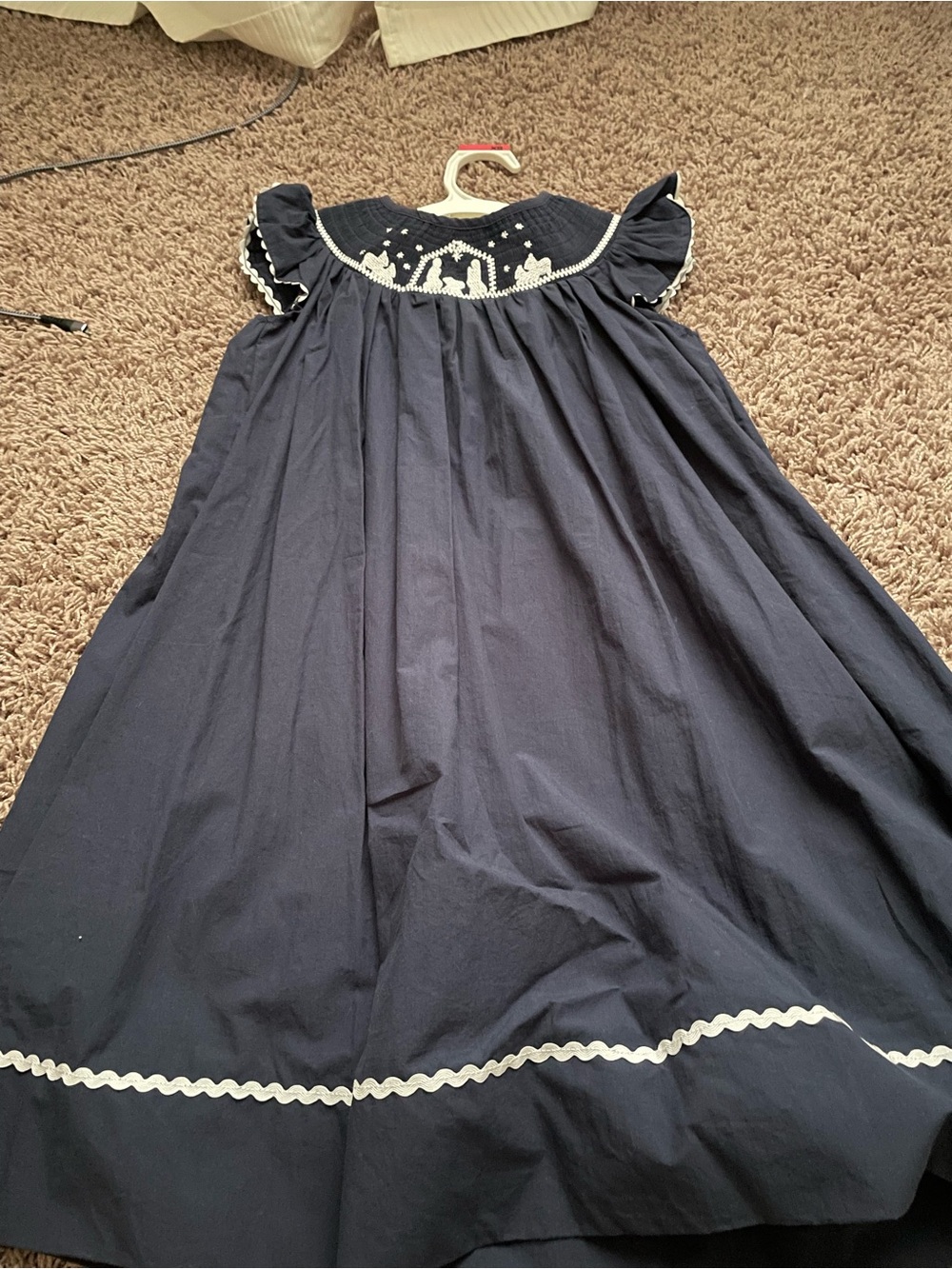 Navy Smocked Girls' Formal Dress with White Trim